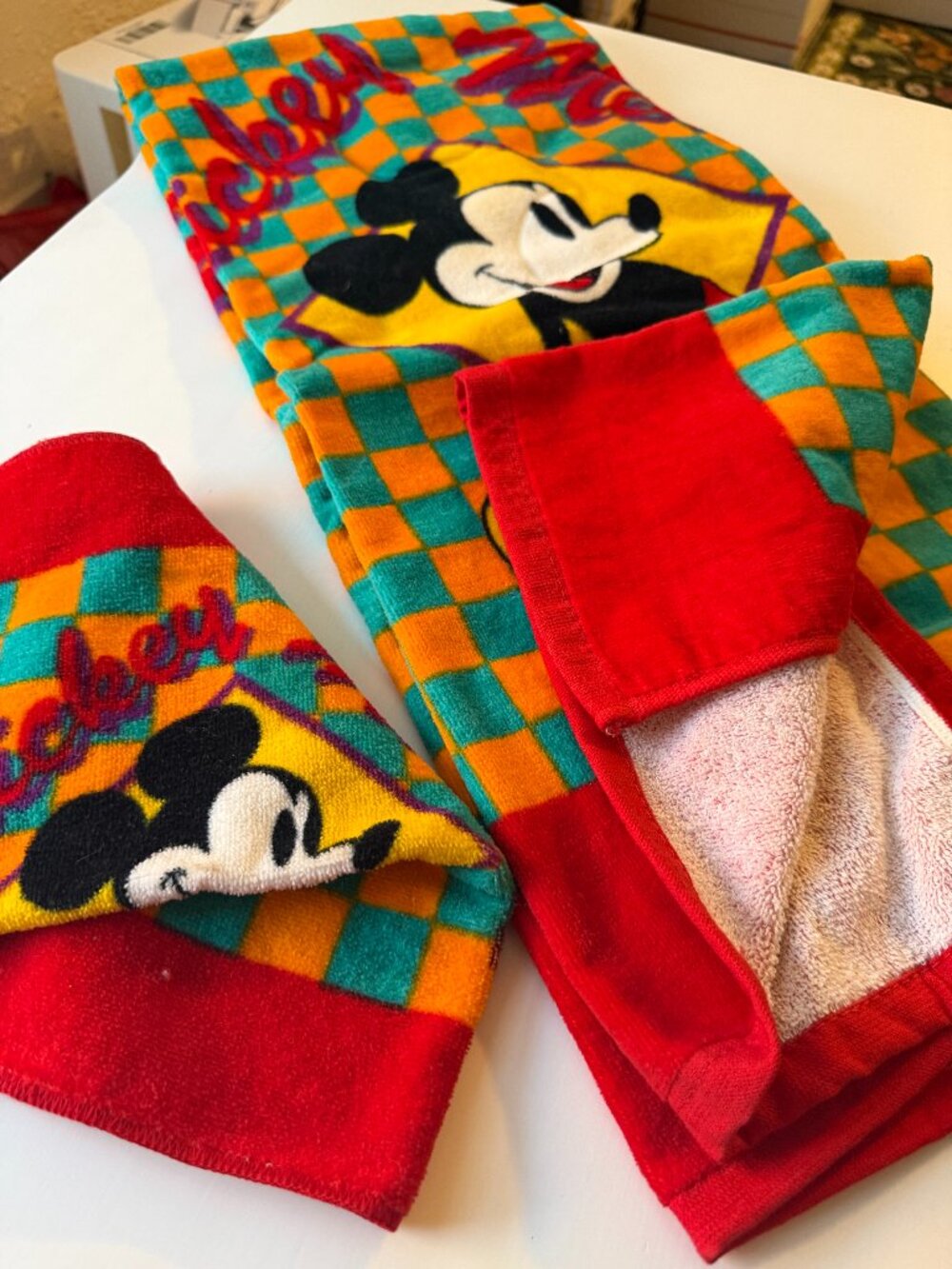 Vintage 1980s Disney Mickey Mouse Checkered Beach Towel & Washcloth